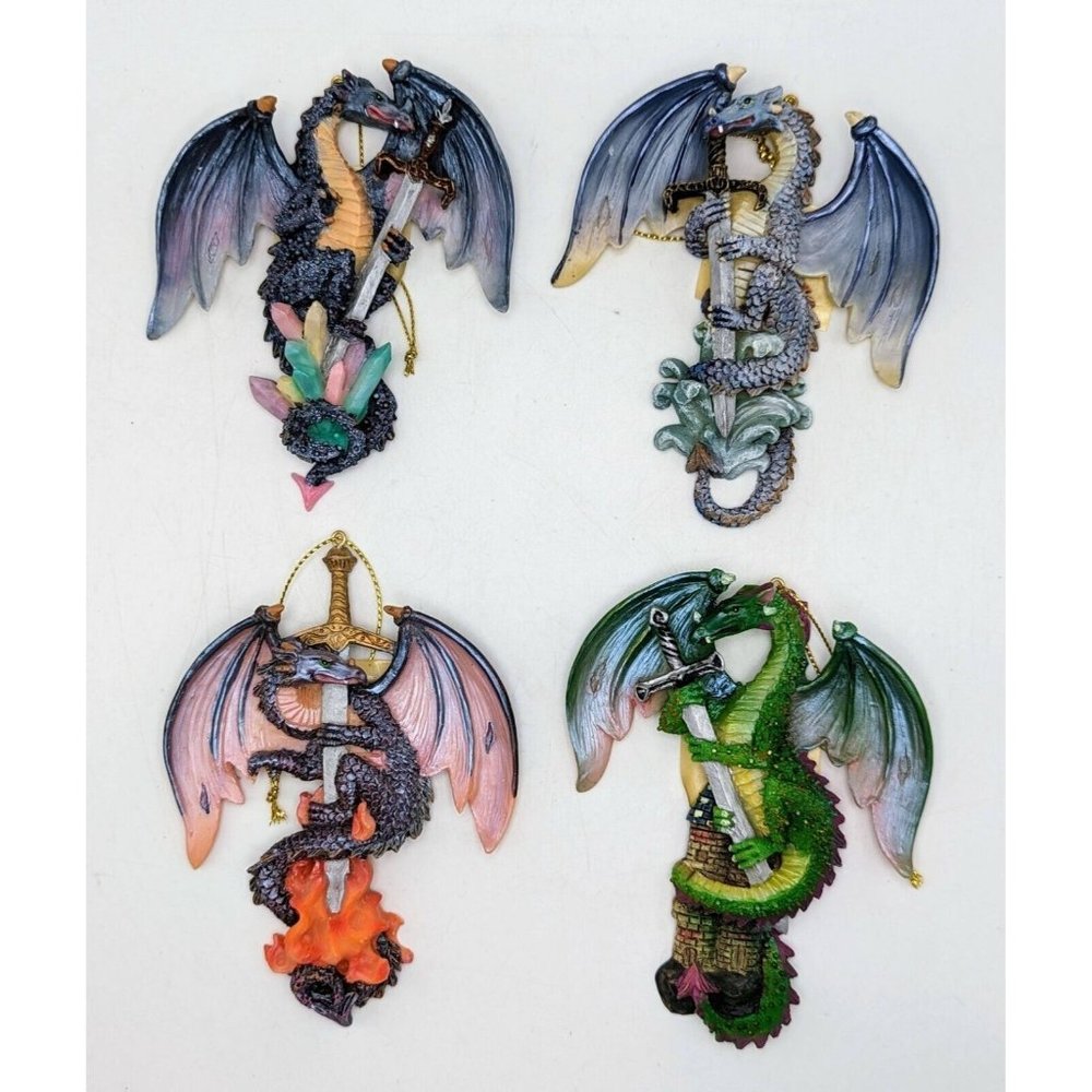 Set Of 4 Dragon Ornaments Resin Fantasy Christmas Decor Sci-Fi LOTR GOT Swords